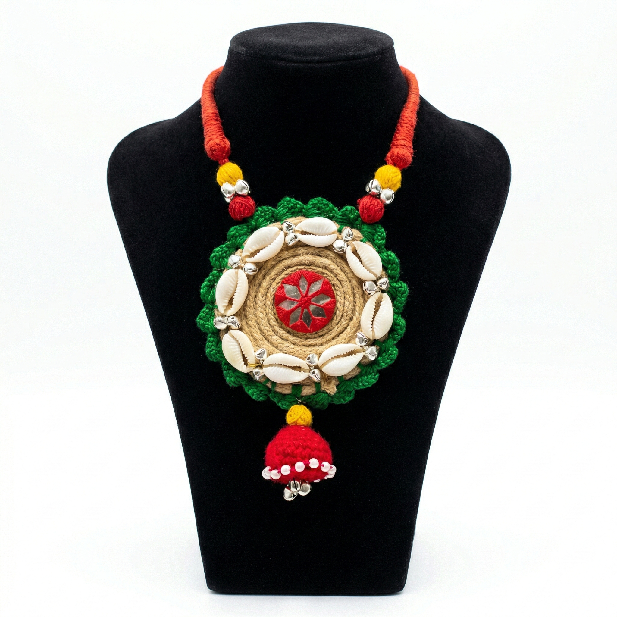 Handmade Cowrie Shell Jute Necklace with Mirror Work and Tassels