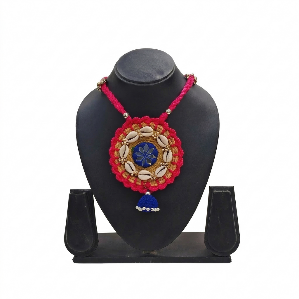 Handcrafted Pink Crochet Necklace with Cowrie Shells and Blue Jhumka