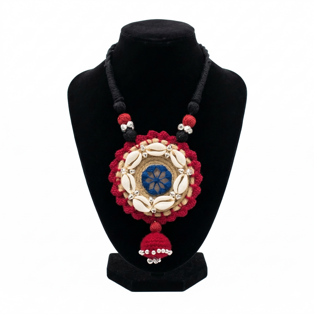Handmade Cowrie Shell Jute Necklace with Mirror Work and Tassels