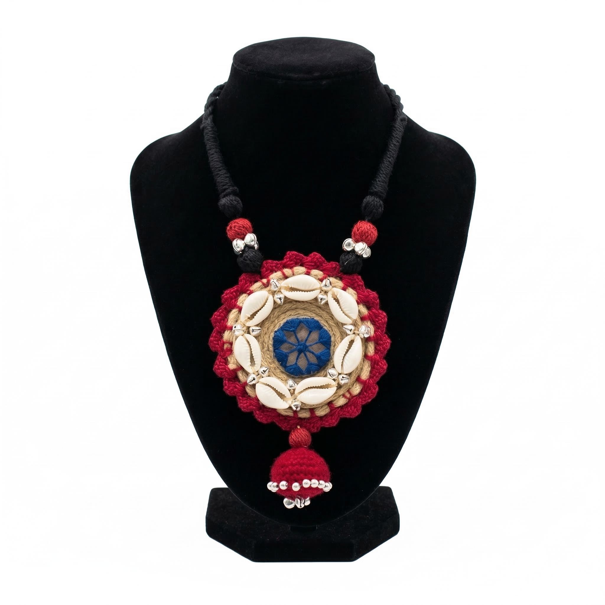 Handmade Cowrie Shell Jute Necklace with Mirror Work and Tassels