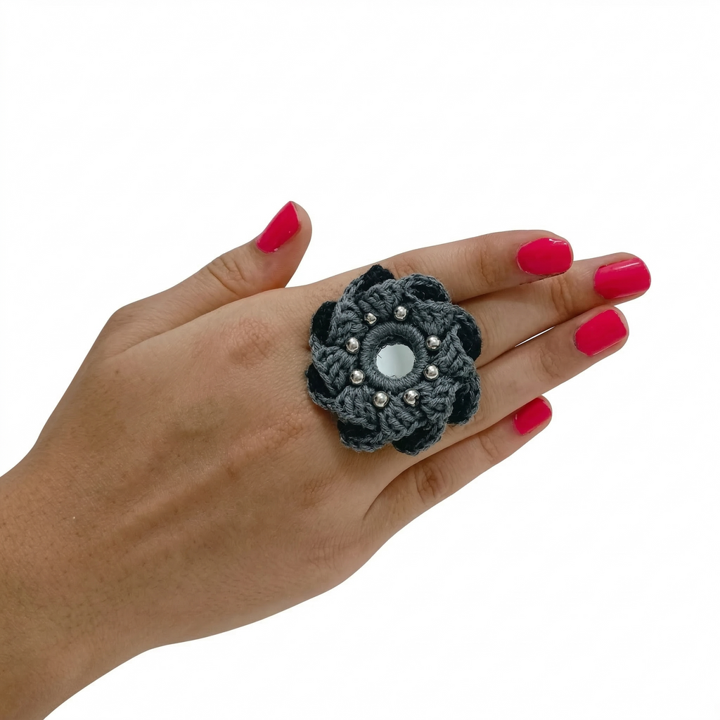 Handmade Green Crochet Flower Ring with Mirror and Silver Beads