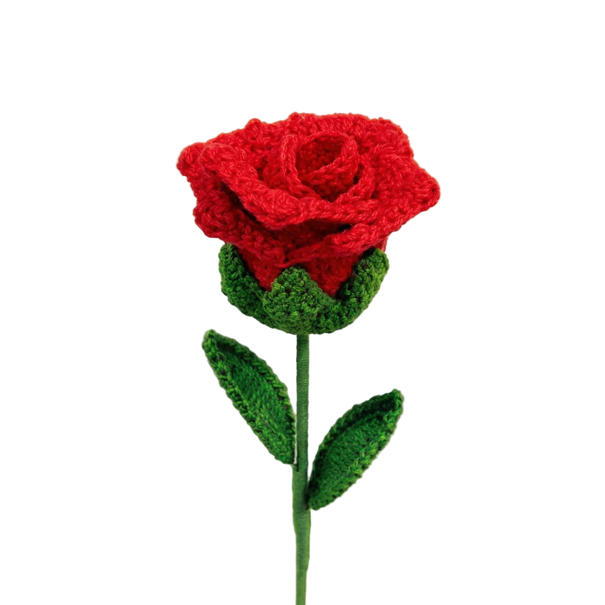 A photorealistic close-up of a handmade red crochet rose bloom with intricate yarn textures, isolated on a white background.