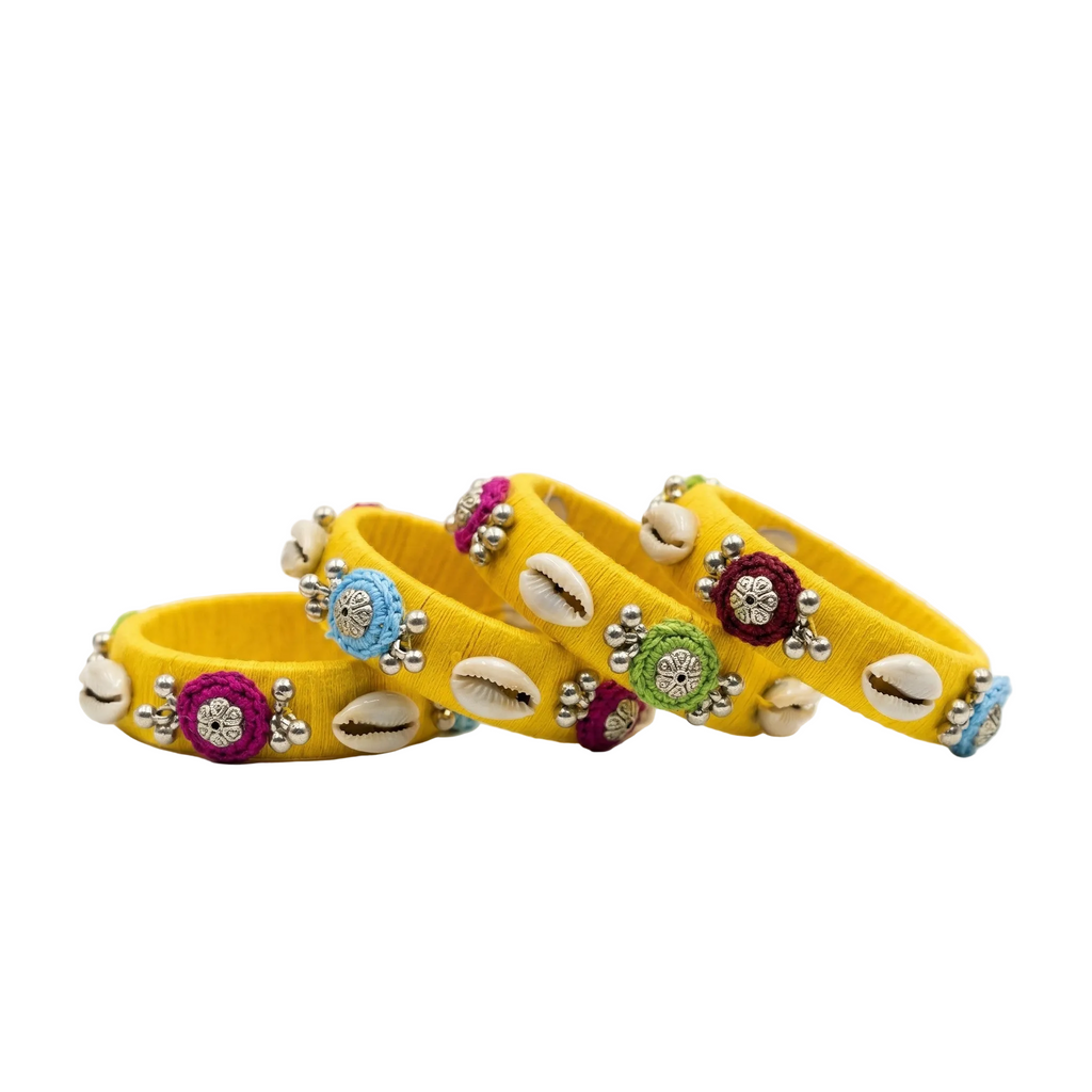 Handcrafted Blue Silk Thread Bangles with Cowrie Shells and Beads