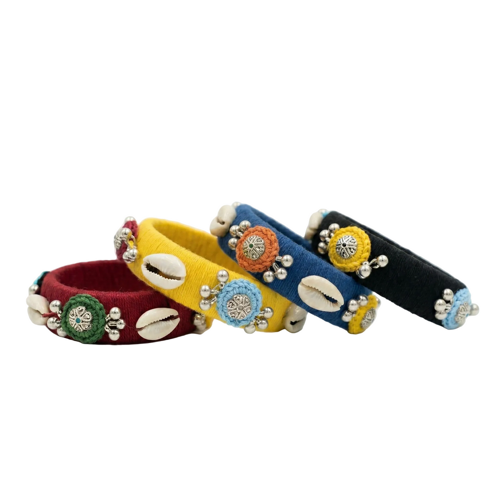 Handcrafted Blue Silk Thread Bangles with Cowrie Shells and Beads