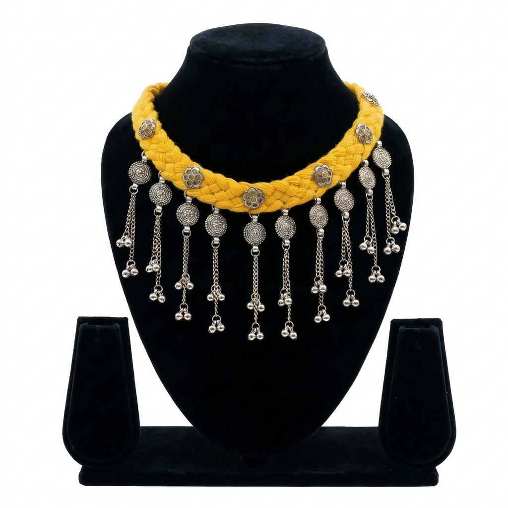 Yellow braided thread choker necklace on a black display stand featuring silver oxidised floral charms and metallic bead fringe.