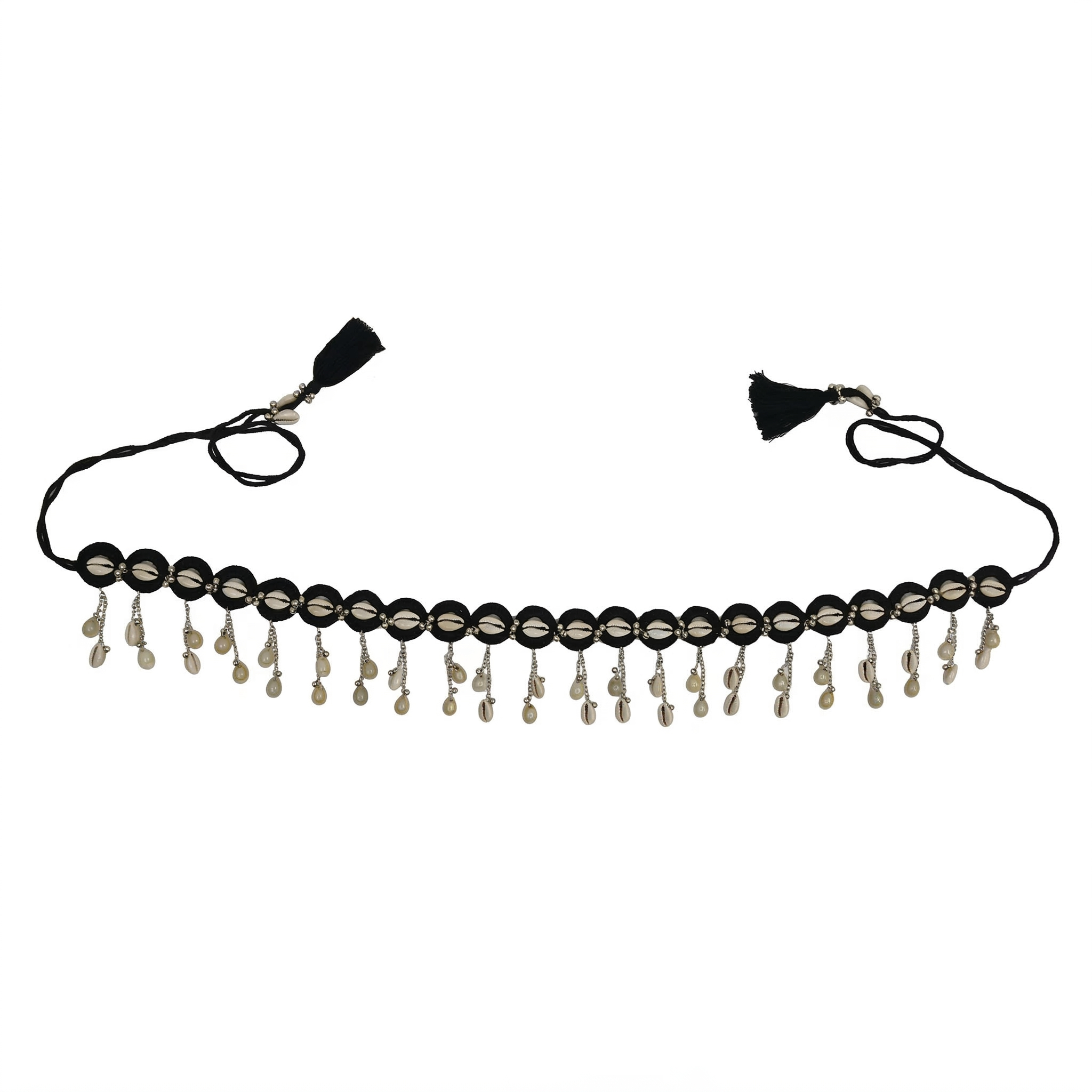 Traditional handmade black fabric choker necklace featuring white cowrie shells, silver beads, and adjustable tassel ties on a white background.