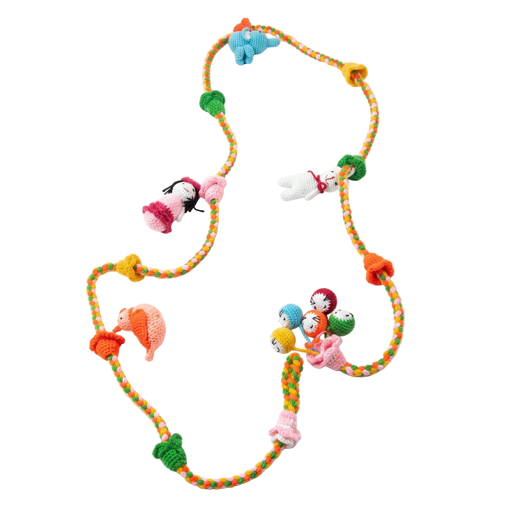 Colorful handmade crochet garland featuring a blue elephant, white rabbit, pink bird, and doll on a braided yarn string, isolated on a white background.