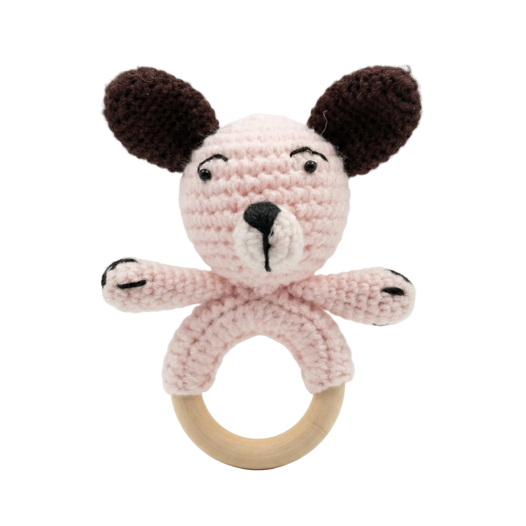 A photorealistic studio shot of a light pink crochet dog baby rattle with dark brown ears on a natural wooden teething ring, isolated on a white background.