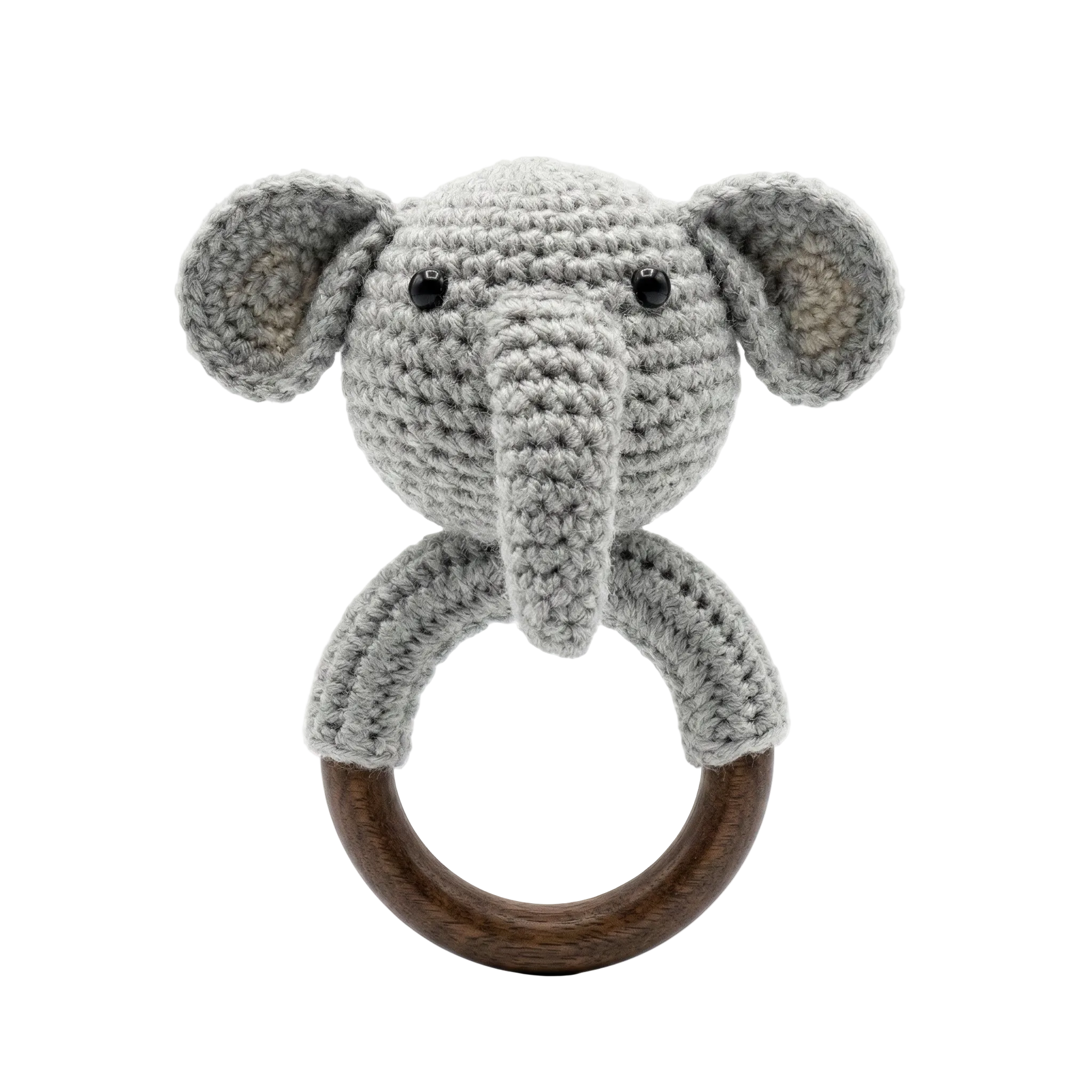 Gray crochet elephant baby rattle toy attached to a smooth dark wood teething ring on a solid white background.