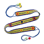 A vibrant, handmade crochet waist belt featuring lime green, yellow, and blue geometric patterns with red floral accents and hanging pom-pom ties on a plain white background.