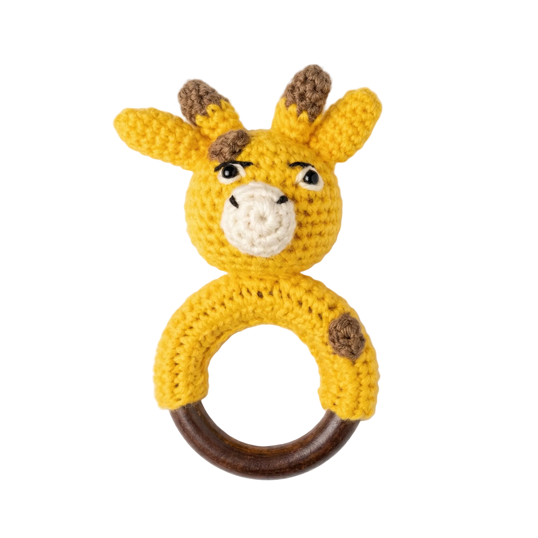 Handmade Crochet Giraffe Baby Rattle Teether with Wooden Ring