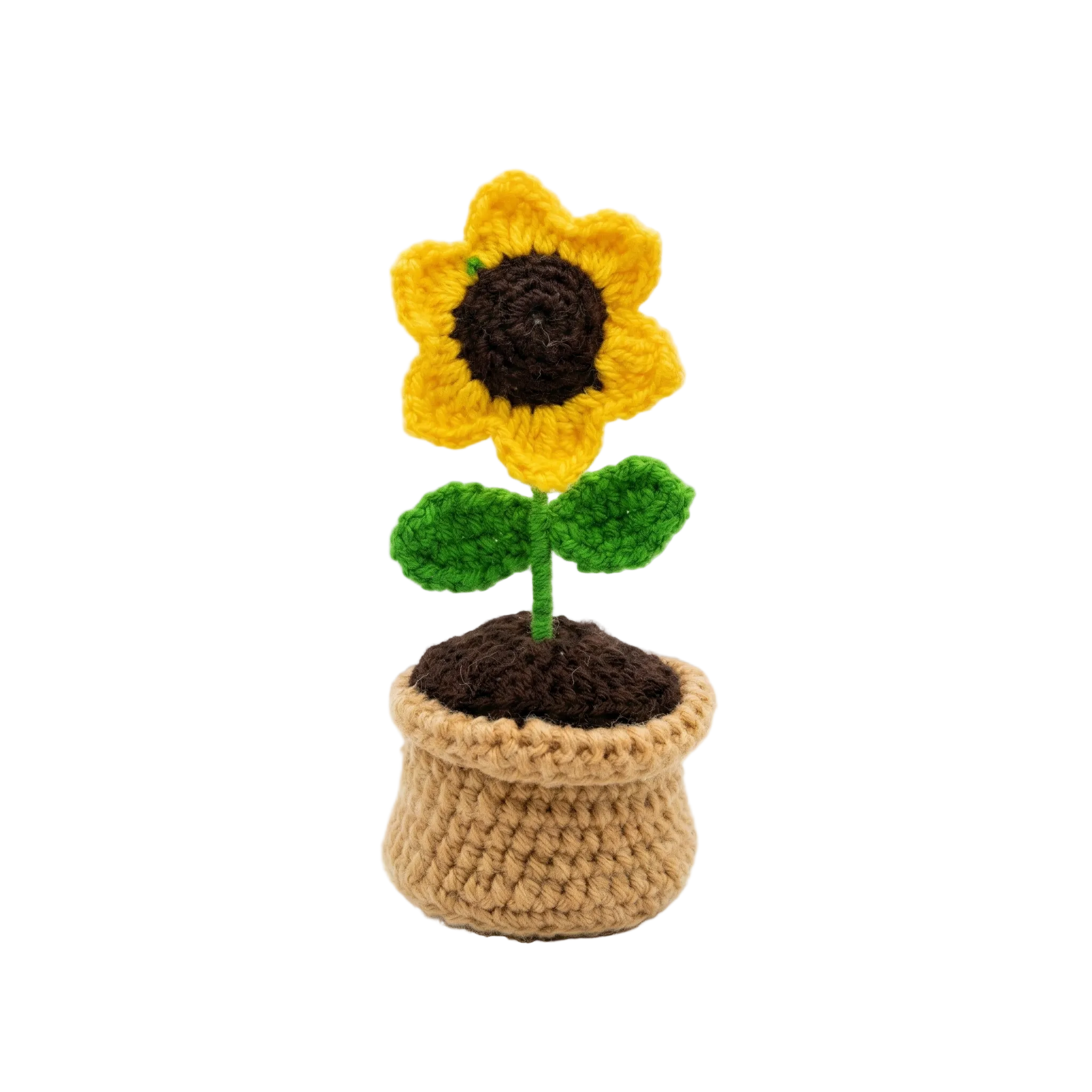 A handcrafted crochet sunflower with yellow petals and dark brown center in a tan knitted pot on a white background.