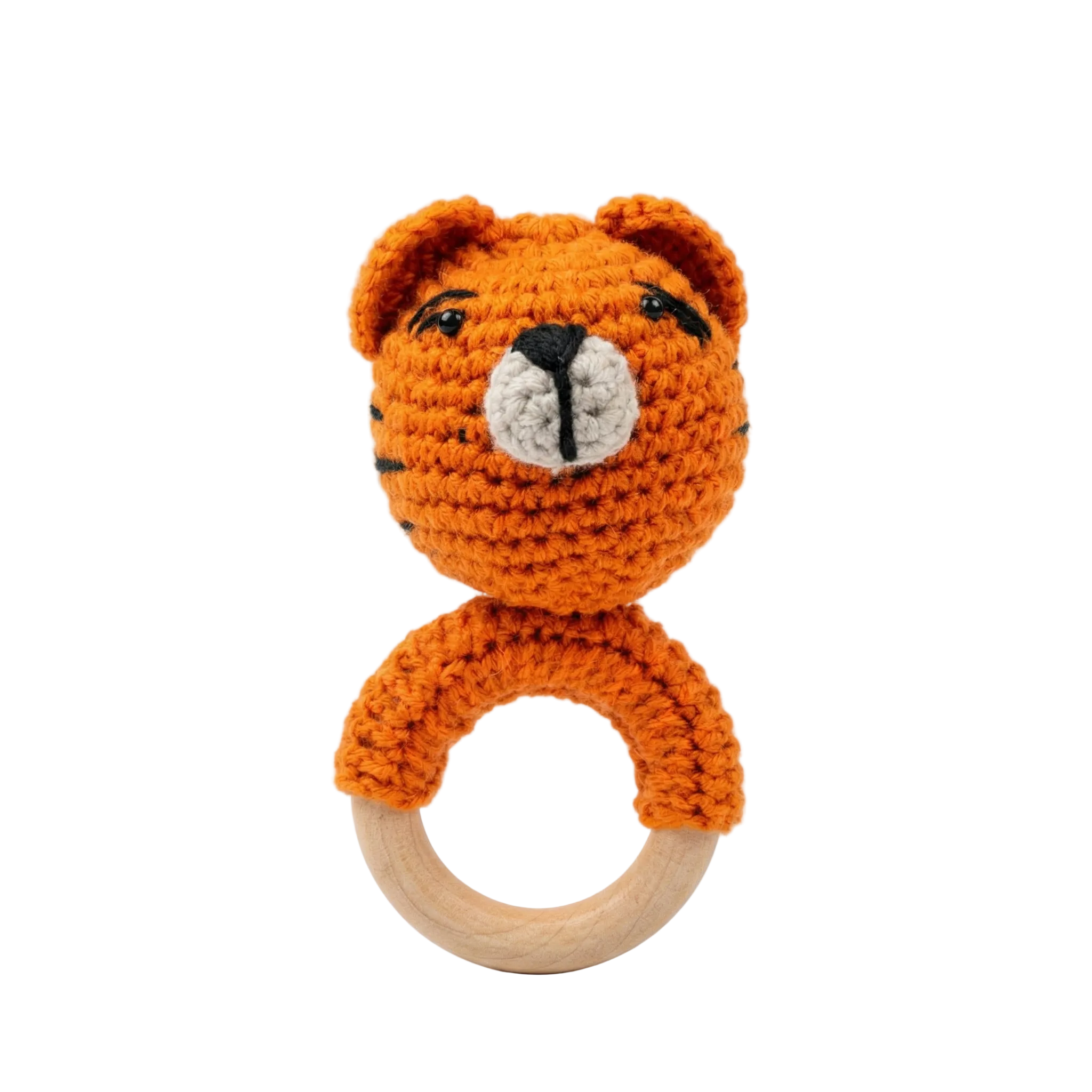 Orange and black crochet tiger head baby rattle attached to a smooth light-wood teething ring on a white background.