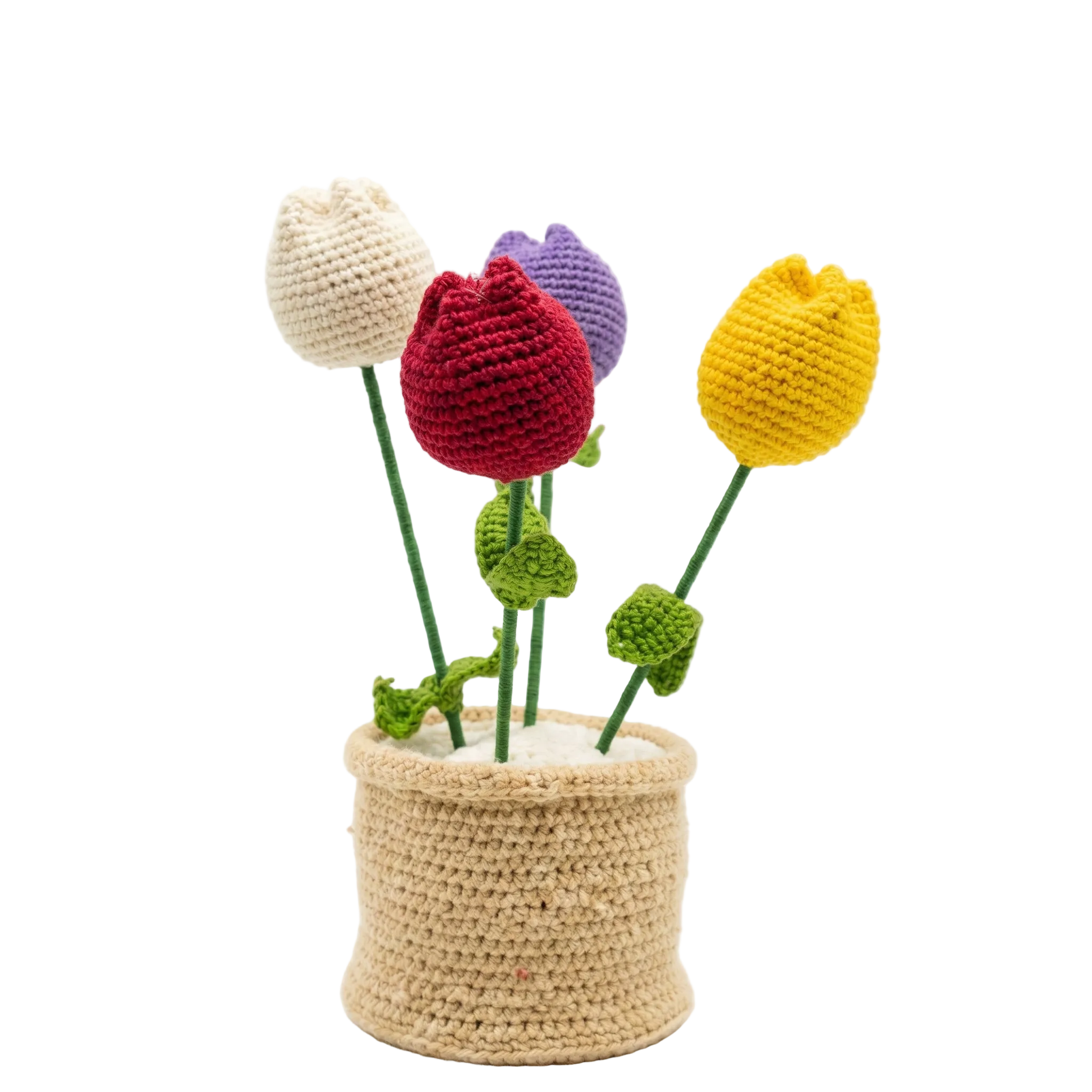 Four colorful crocheted tulips in red, yellow, purple, and white inside a beige knitted pot on a white background.