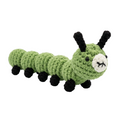 A high-resolution, photorealistic green crocheted caterpillar plush toy with black legs and antennae on a plain white background.