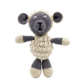 image of a handmade grey and white crochet sheep plushie with googly eyes on a white background.