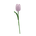 Single lavender purple crochet tulip flower with a green leaf and long stem on a white background.