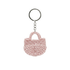 A photorealistic 4K image of a small, dusty pink hand-crocheted mini tote bag keychain on a silver ring, isolated on a white background.