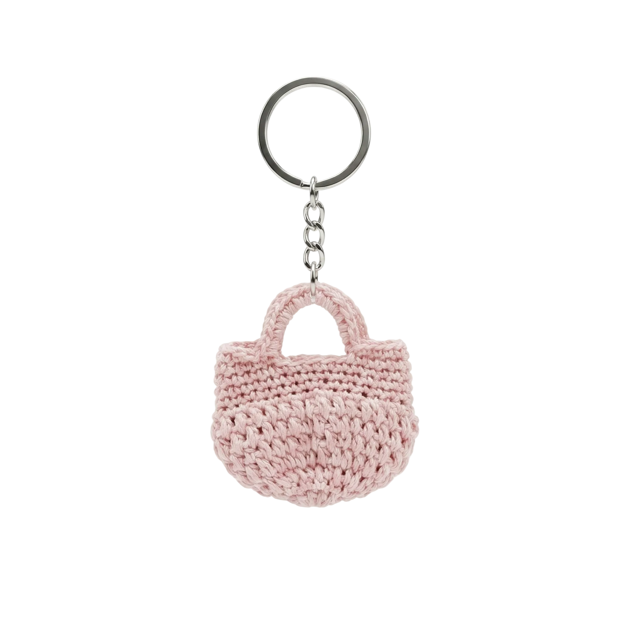 A photorealistic 4K image of a small, dusty pink hand-crocheted mini tote bag keychain on a silver ring, isolated on a white background.