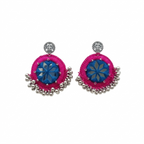 Pair of pink silk thread earrings with blue star-patterned mirror work and silver bead trim on a white background.