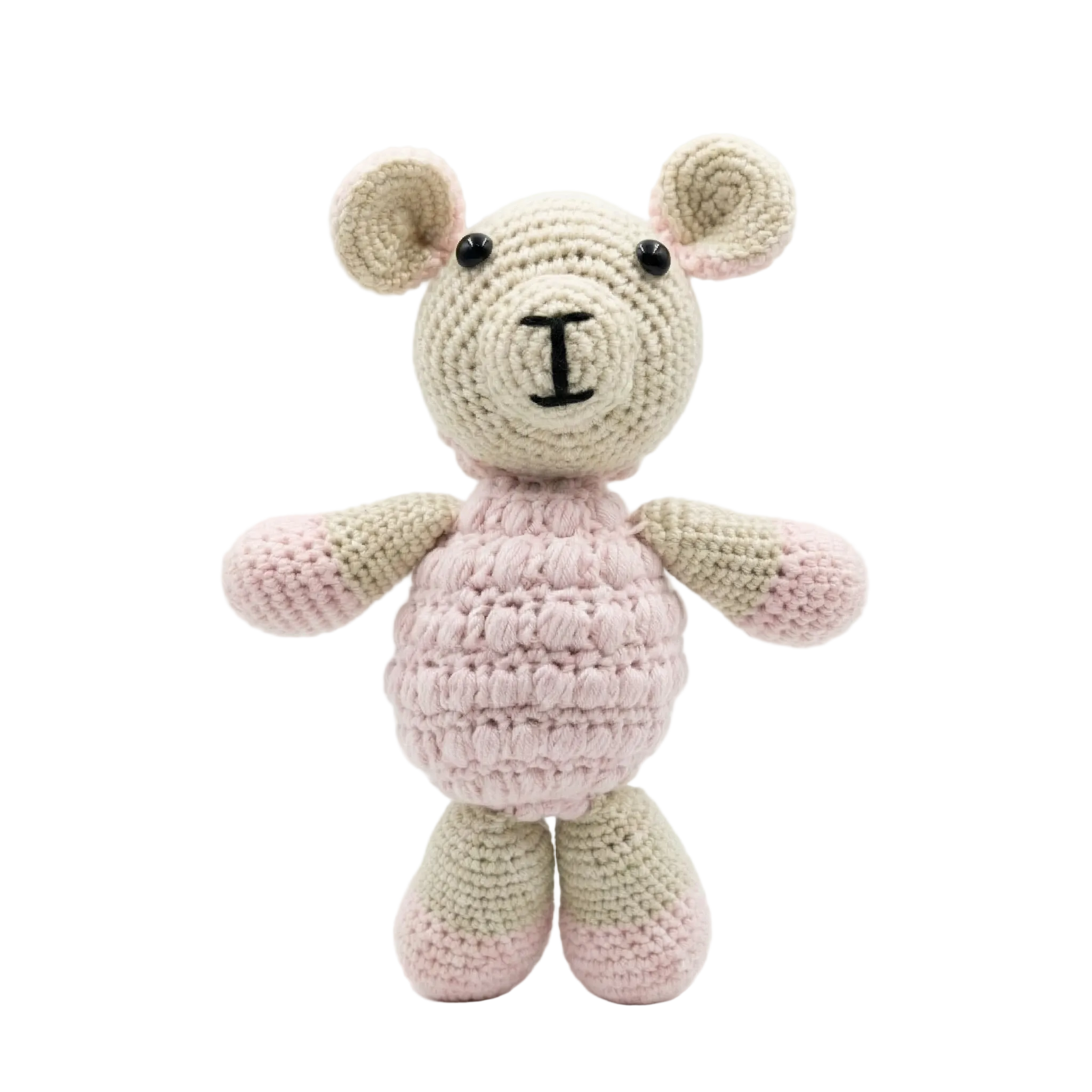 Handmade crochet sheep plush toy in pink and cream yarn with a bobble-stitch texture on a plain white background.