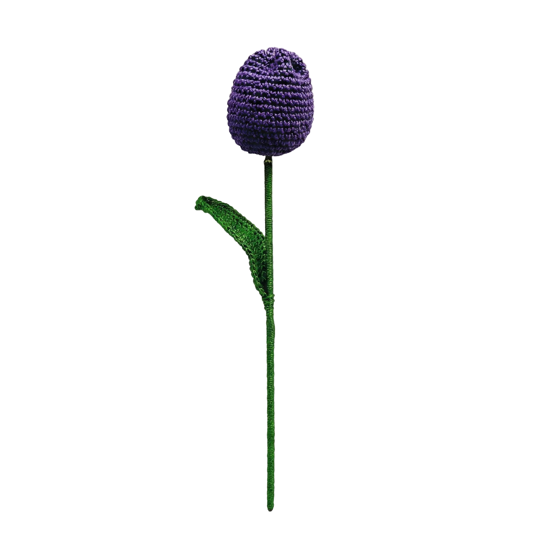 A single handmade purple crochet tulip with a green yarn-wrapped stem and a green crochet leaf against a white background.