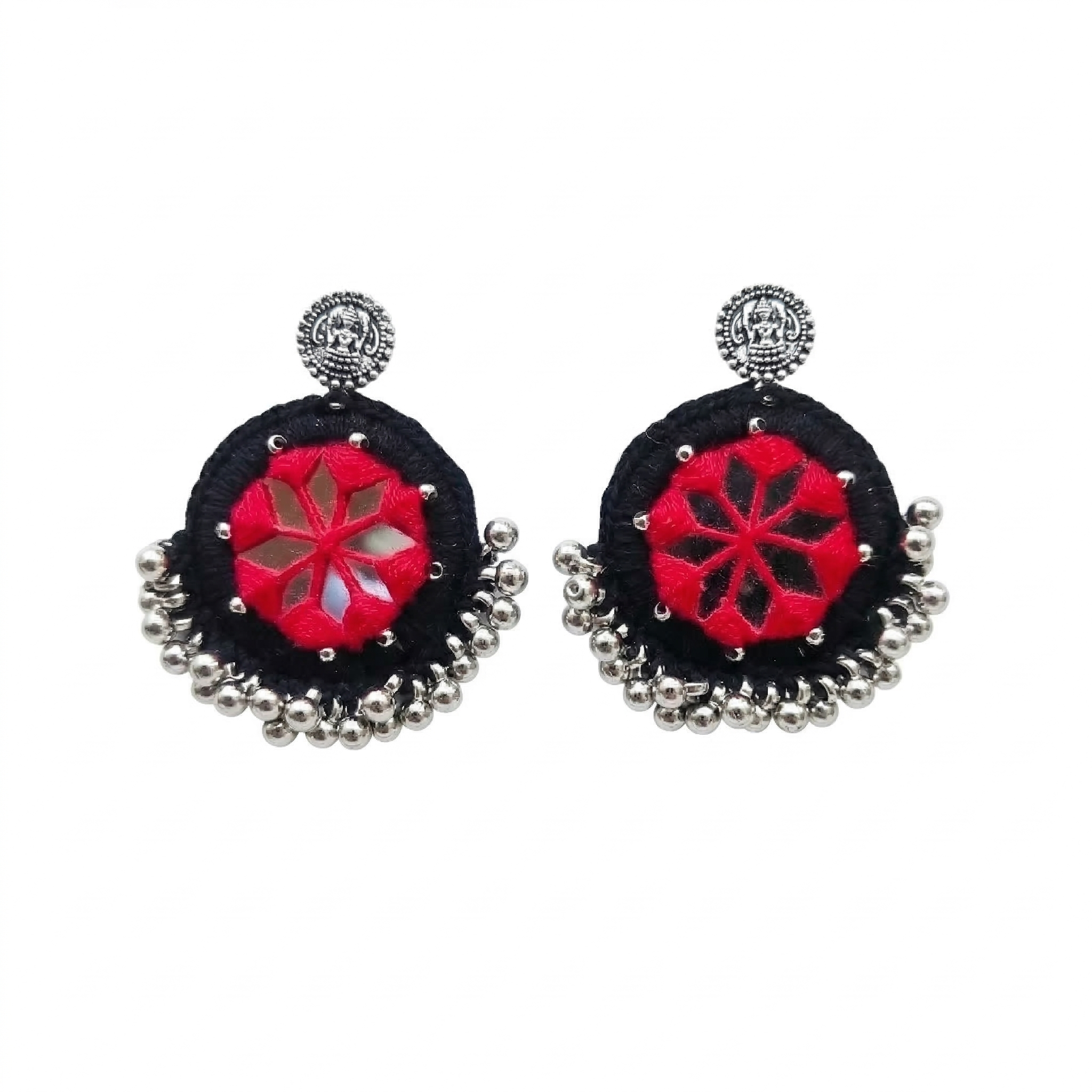 Pair of handcrafted black and red thread work earrings featuring center mirror inlay and oxidized silver bead droplets on a white background.