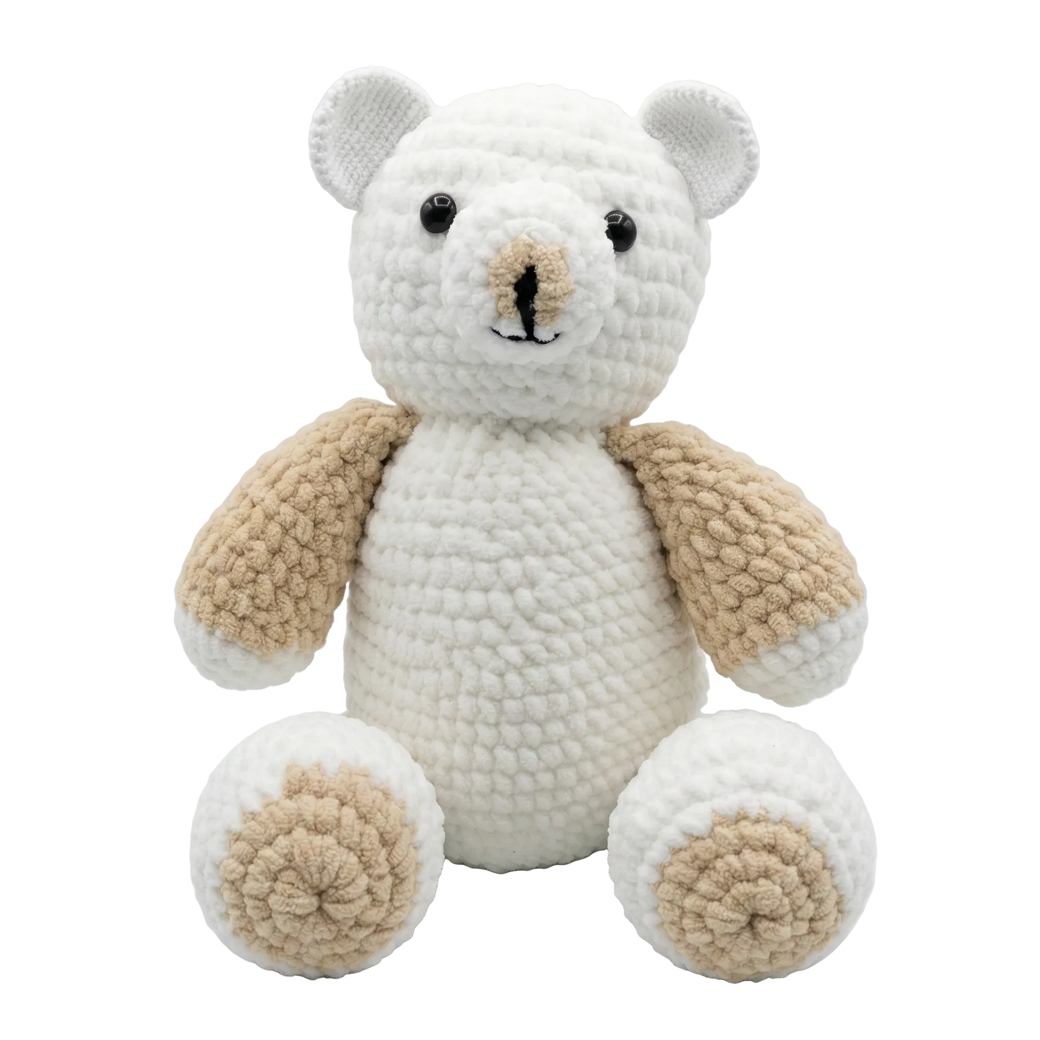 photorealistic studio shot of a white crocheted plush bear with beige arms and feet, sitting against a solid white background.