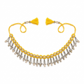 Traditional yellow fabric waist belt featuring white cowrie shells and hanging silver metal bead tassels on a white background.