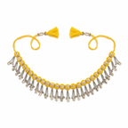 Traditional yellow fabric waist belt featuring white cowrie shells and hanging silver metal bead tassels on a white background.