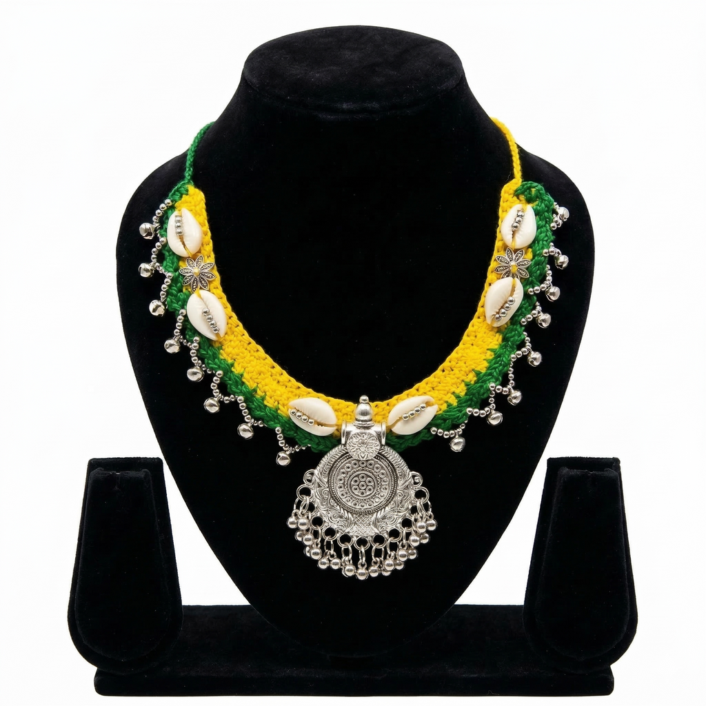 Vibrant yellow and green crochet necklace on a black bust featuring white cowrie shells, silver flower accents, and a large circular oxidized silver pendant with dangling beads.