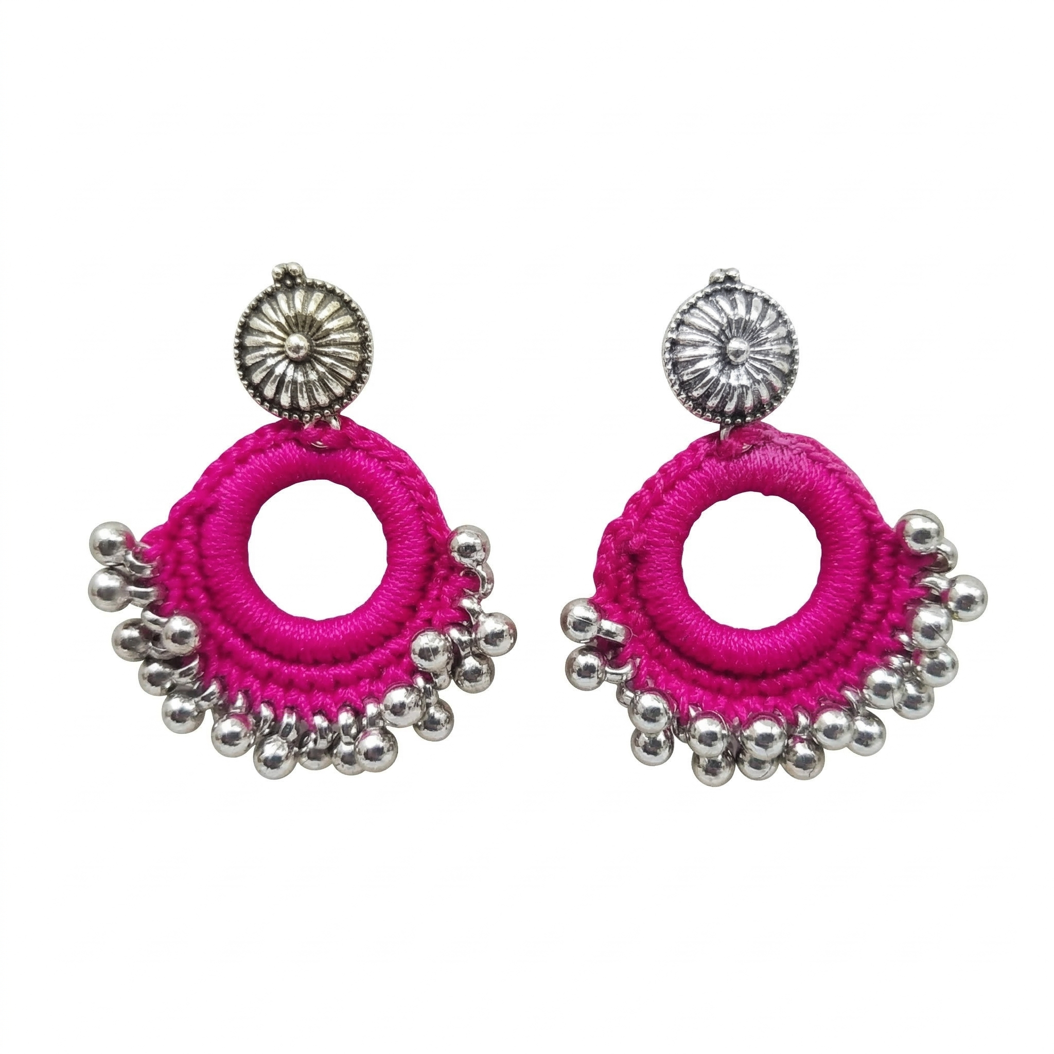 Pair of vibrant pink silk thread hoop earrings featuring antique silver stud tops and small silver metallic bead charms on a white background.