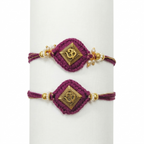 Two handcrafted purple thread Rakhis featuring gold-toned Om emblems on diamond-shaped crochet bases with pearl and gold bead embellishments.