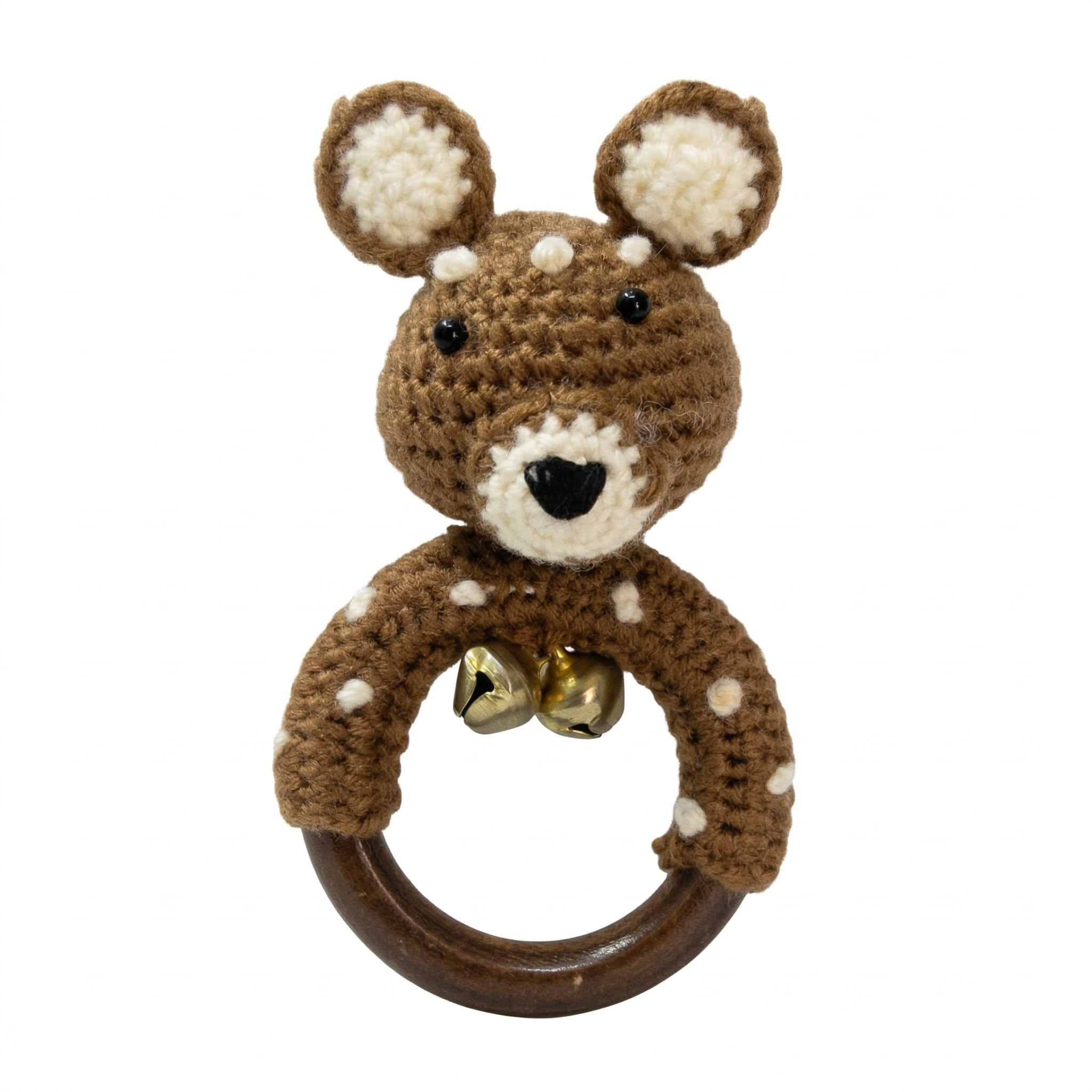 Handmade brown crochet deer baby rattle with white spots, gold bells, and a natural dark wood teething ring on a white background.